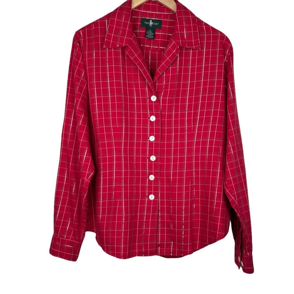 Hunt Club blouse women's 12 red plaid button front silver lurex long sleeve top